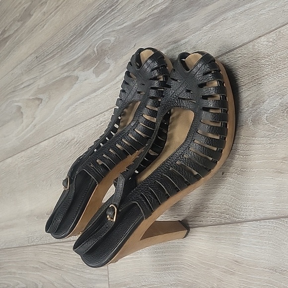 Michael Kors Black South Side Sling Back Leather Wood Platform Heels Women 8 1/2 - Picture 1 of 9